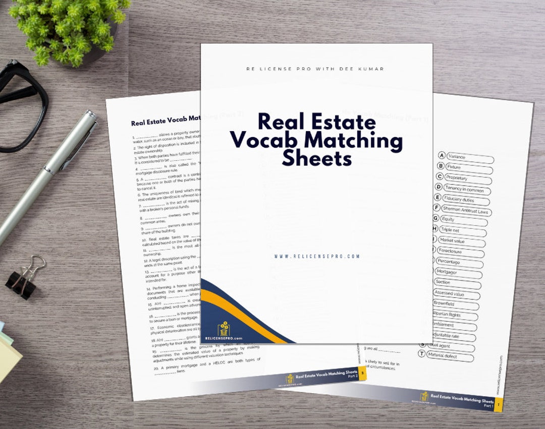 Real Estate Vocabulary Study Guide Printable Real Estate Exam