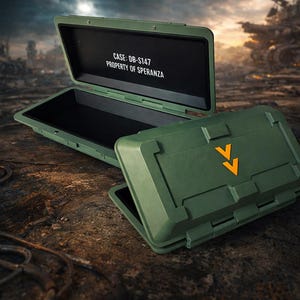 Könnte beinhalten: Zwei olivgrüne Aufbewahrungsboxen, eine offen und eine geschlossen, mit strukturierter Außenseite. Die offene Box zeigt einen schwarzen Innenraum. Die geschlossene Box hat zwei orangefarbene Pfeile. Text auf der offenen Box: CASE: DB-S147 PROPERTY OF SPERANZA.