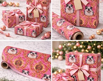 Papel de regalo de lujo con diseño de bulldog barroco rosa para amantes de los perros.
