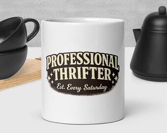 Taza para amantes de las compras de segunda mano, regalo para aficionados a las compras de segunda mano, taza de café para ir de compras a tiendas de segunda mano, taza vintage para compradores de segunda mano, regalo divertido para ir de compras a tiendas de segunda mano.