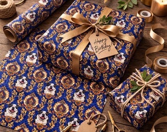 Papel de regalo barroco con diseño de bulldog inglés: papel de regalo para perro damasco azul real y dorado.