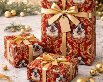 Papel de regalo de Bulldog Barroco Rojo, papel de regalo de lujo para amantes de los perros