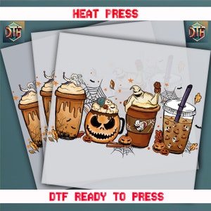 May include: DTF ready to press transfer featuring a series of Halloween-themed coffee cups. The cups are brown and orange, with spooky designs like jack-o'-lanterns, cobwebs, and ghosts. The words "HEAT PRESS" and "DTF READY TO PRESS" are in red.