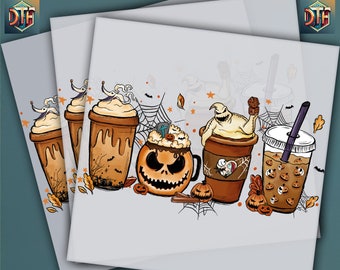 May include: DTF ready to press transfer featuring a series of Halloween-themed coffee cups. The cups are brown and orange, with spooky designs like jack-o'-lanterns, cobwebs, and ghosts. The words "HEAT PRESS" and "DTF READY TO PRESS" are in red.