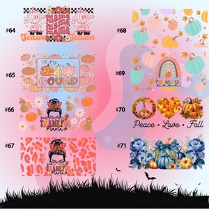 May include: A collection of digital designs featuring fall-themed graphics with pumpkins, gourds, and leaves. The designs include phrases like "It's the season", "Oh my gourd", "Peace, Love, Fall", and "Thankful Mama".