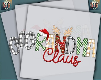 May include: A heat press transfer design featuring the words "GG GRANDMA Claus" in a festive font. The letters are decorated with plaid, stripes, and a Santa hat. The design is ready to press.