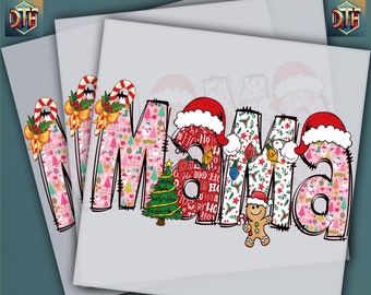 May include: Heat press transfer featuring the word "MAMA" in a festive Christmas design. The letters are filled with holiday patterns, Santa hats, and a gingerbread man. The text "DTF READY TO PRESS" is at the bottom.