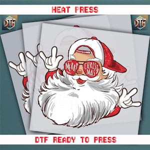 May include: A red and white Santa Claus wearing a red and white baseball cap with the words "Merry Christmas" on his sunglasses. He is giving the peace sign with both hands.