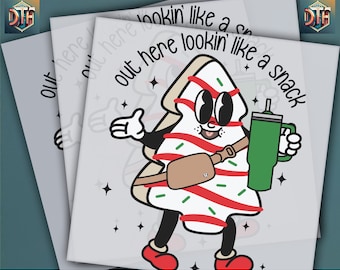 May include: A cartoon Christmas tree with a red and white candy cane design, wearing a brown fanny pack and holding a green tumbler with a straw. The text "out here lookin' like a snack" is written around the tree.