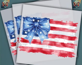 May include: DTF ready to press transfer featuring a watercolor American flag design with a blue bow adorned with white stars. The flag has red and white stripes. The text "HEAT PRESS" and "DTF READY TO PRESS" are visible.