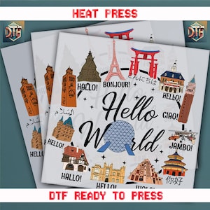May include: A colorful graphic design featuring landmarks from around the world with the text "Hello World" in the center. The landmarks include the Eiffel Tower, the Tokyo Skytree, the Brandenburg Gate, the Sydney Opera House, and the Statue of Liberty. The design is surrounded by the words "Hello" in different languages.