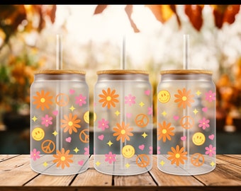 UV DTF For Flower, 16oz Glass Cup, Cute Stickers For Cups, No Heat Needed,  Waterproof Ready to Apply