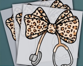 Leopard Nurse Bow, Nurse Stethoscope Design, Ready to Press DTF Transfer, Iron on Decal, Direct to Film Transfer