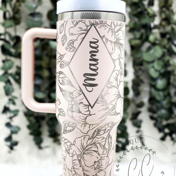 40oz Laser Engraved Peonies Floral Diamond Mama Tumbler With Handle, Lid, & Straw