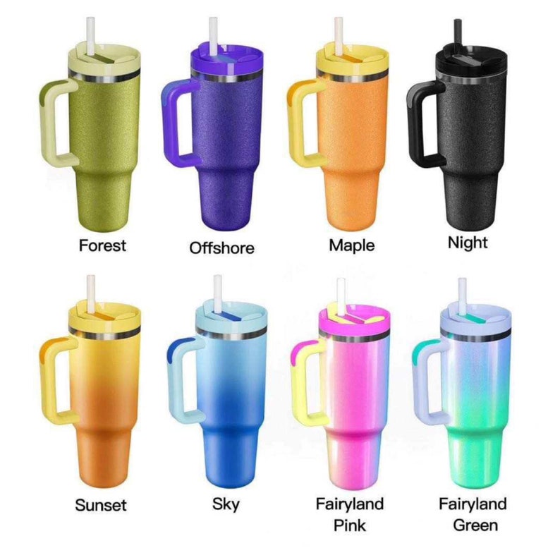 May include: Ten different color variations of a stainless steel tumbler with a handle and a straw. The colors include forest green, purple, orange, black, yellow, blue, pink, and green.