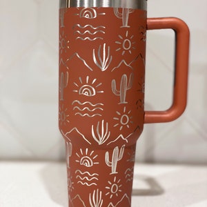 40oz Laser Engraved Cactus Desert Sun Tumbler With Handle, Lid, & Straw