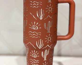 40oz Laser Engraved Cactus Desert Sun Tumbler With Handle, Lid, & Straw