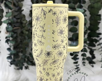 40oz Hydrojug Traveler Laser Engraved Pretty Floral Tumbler, Leak Proof, Folding Straw, Stainless Steel, Customizable
