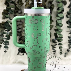 40oz Laser Engraved Dental, Dentist, Dental Hygienist, Dental Assistant Tumbler With Handle, Lid, & Straw