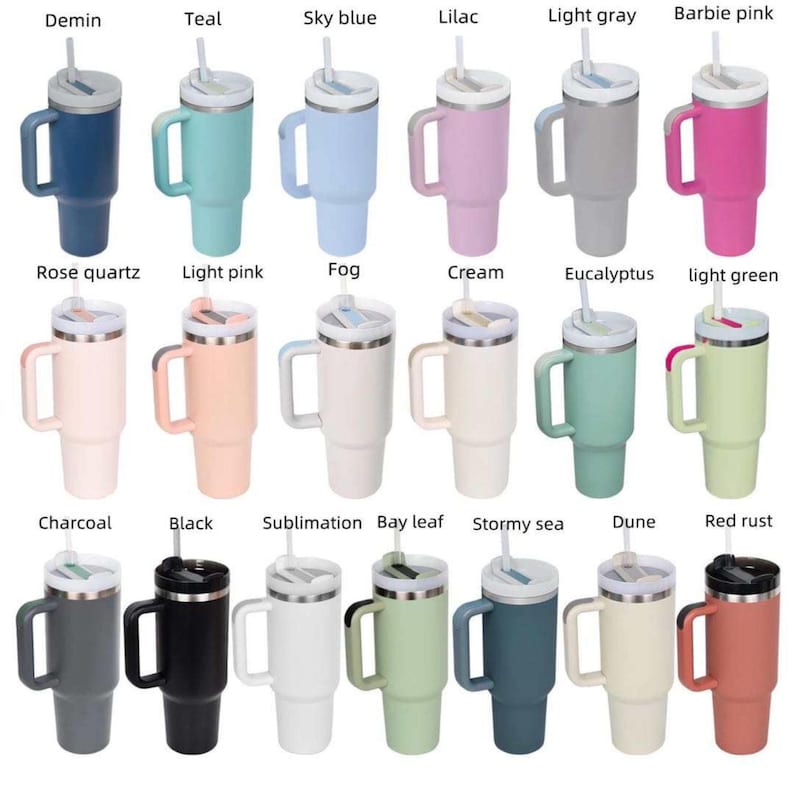 May include: A collection of 20 stainless steel tumblers with various colors and lids. The tumblers have a handle and a straw.