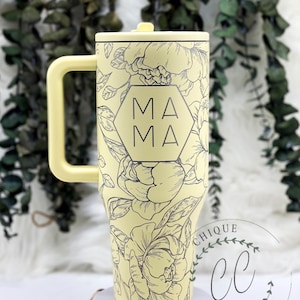 40oz Hydrojug Traveler Laser Engraved Mama Hexagon Floral Tumbler, Leak Proof, Folding Straw, Stainless Steel, Customizable