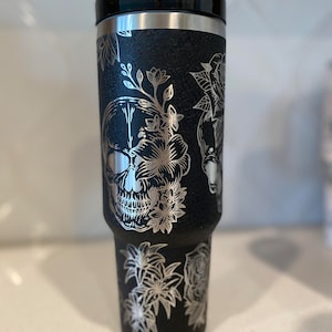 40oz Laser Engraved Floral Skull Tumbler With Handle, Lid, & Straw