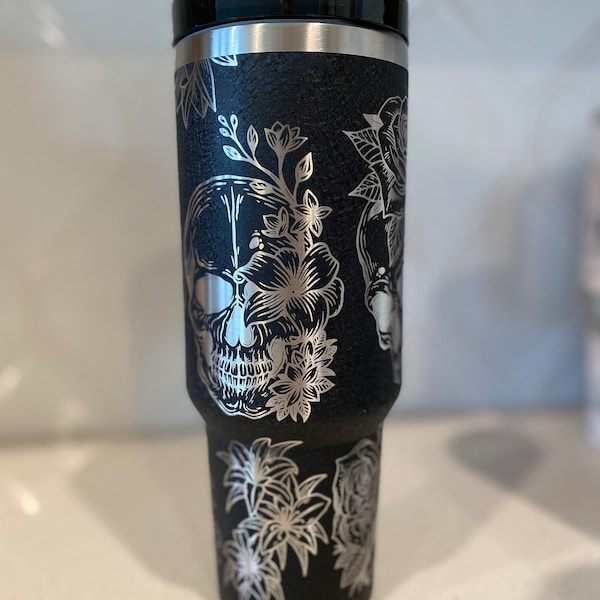 40oz Laser Engraved Floral Skull Tumbler With Handle, Lid, & Straw