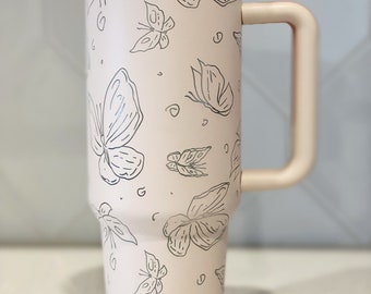 40oz Laser Engraved Butterfly Tumbler With Handle, Lid, & Straw