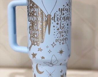 40oz Laser Engraved Butterfly Tumbler With Handle, Lid, & Straw