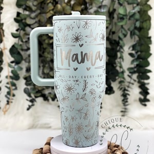 40oz Hydrojug Traveler Laser Engraved Mama Petite Floral Tumbler, Leak Proof, Folding Straw, Stainless Steel, Customizable