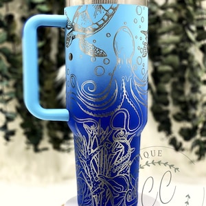 40oz Laser Engraved Under The Sea, Octopus, Sea Turtle Tumbler With Handle, Lid, & Straw