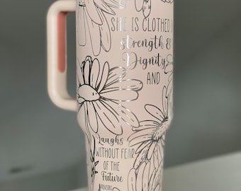 40 Unzen Laser gravierte Blumen Bibel Vers Becher mit Griff, Deckel & Strohhalm
