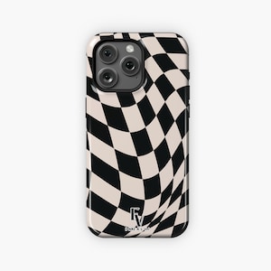 Black Beige Checkered Phone Case Checkerboard Warped Case Gift for Friend iPhone Protective Case Tough Slim Case with Magsafe