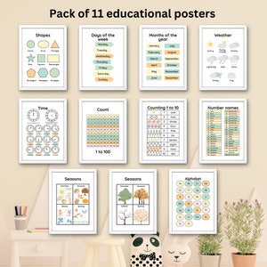 Carteles educativos para niños agrupan la escuela, la escuela en casa, el hogar boho carteles neutrales en el aula alfabeto contando números de tiempo imprimibles en pdf