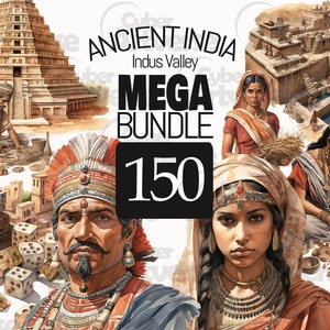 May include: A colorful illustration depicting ancient India with the text "Ancient India Indus Valley Mega Bundle 150". The illustration features a multi-level structure, people wearing traditional clothing, and a variety of objects.