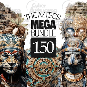 May include: A digital illustration of Aztec-themed imagery, including a jaguar warrior, a feathered serpent, a mask, and a calendar. The text "The Aztecs Mega Bundle 150" is displayed in the center of the image.