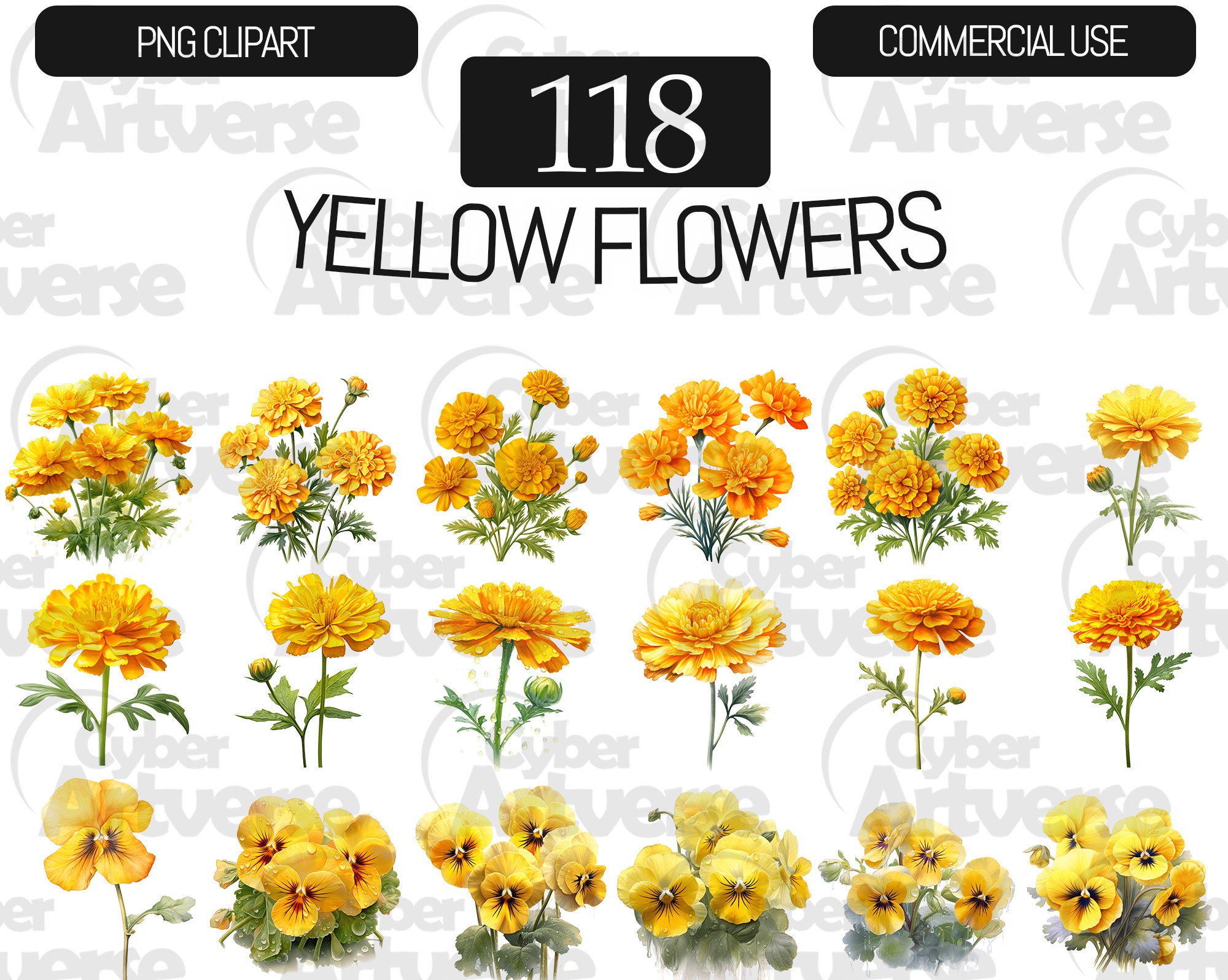 Yellow Flowers Watercolor Clipart Set: 118 PNG Files (digital Download ...