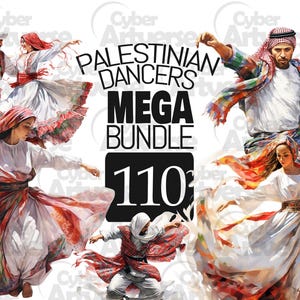 May include: Digital art featuring Palestinian dancers in traditional attire. The image includes multiple figures in motion, wearing white dresses, red and patterned scarves, and head coverings. Text reads "Palestinian Dancers Mega Bundle 110".