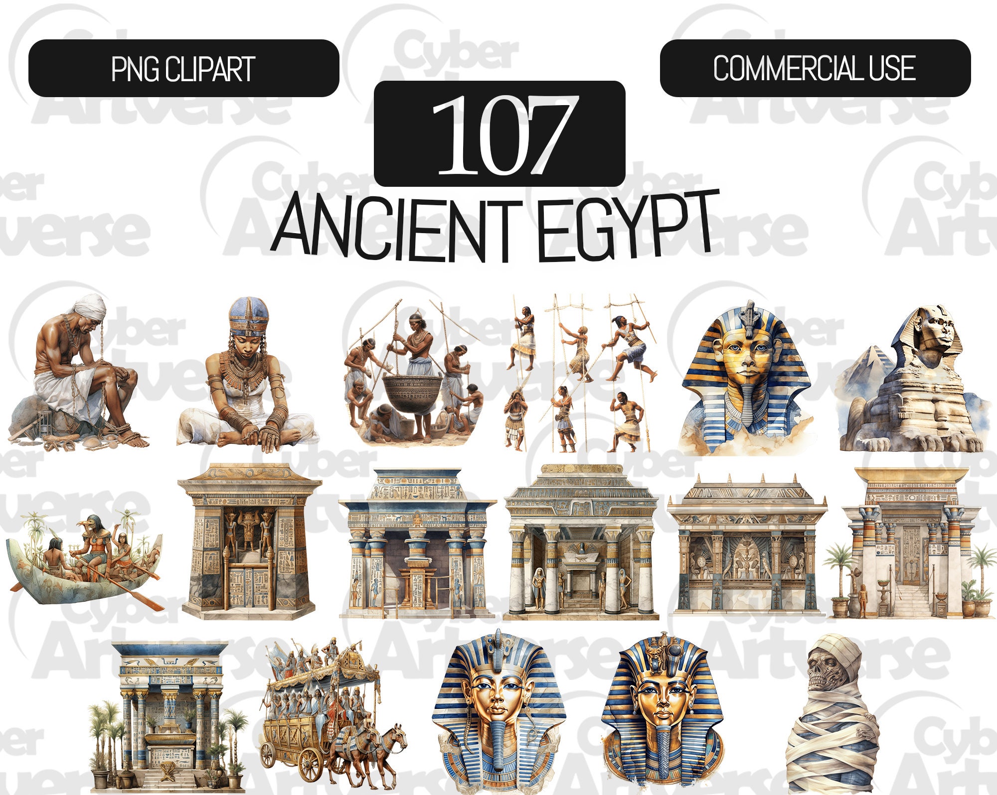 Ancient Egypt Watercolor Clipart Set: Pyramids, Pharaohs (107 PNG Files ...