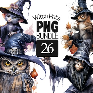 PNG BUNDEL Witch Pets Clipart Set - Magische Fantasy Witchy Dieren voor Scrapbooking, Junk Journaling en Paper Crafts