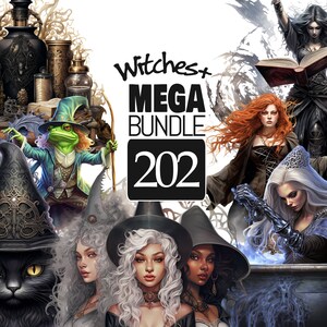 May include: A digital illustration of a witchy mega bundle with a black cat, a frog, potions, and several witches in various poses. The text "Witches+ MEGA BUNDLE 202
