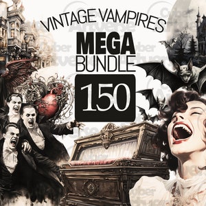 PNG Vintage Vampires Clipart BIG Bundle - Drácula, presas, rosa carmesim, coração estacado e frascos de sangue para álbum de recortes, diário de lixo, artesanato em papel