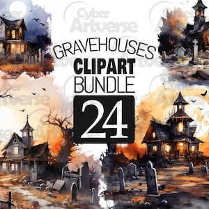 Set de imágenes prediseñadas de Halloween en acuarela de tumbas: cabañas abandonadas, casa embrujada aterradora en el álbum de recortes del cementerio, diario basura y manualidades de papel