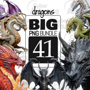 PNG Fantasy Dragons Clipart BIG Bundle - Collezione Acquerello: Fuoco, Ghiaccio, Palude per Scrapbook, Diario spazzatura, Mestieri di carta