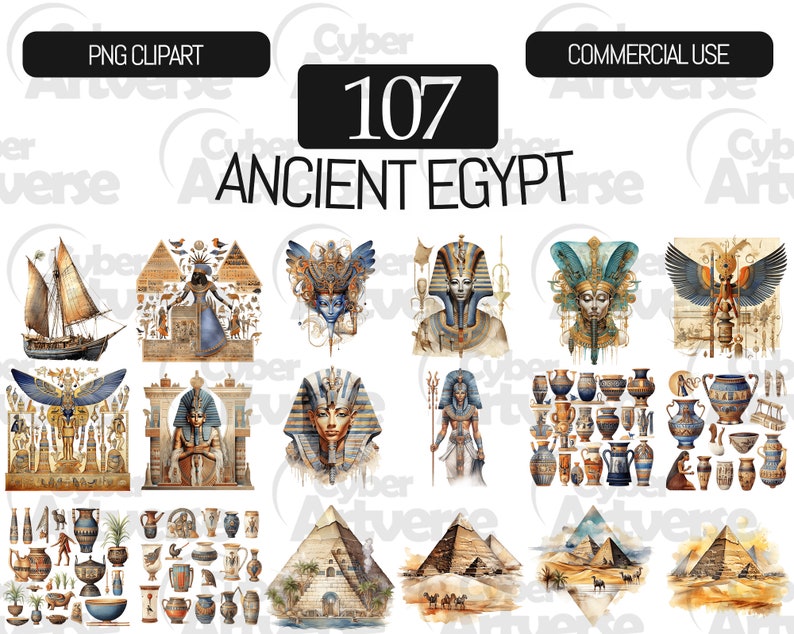Ancient Egypt Watercolor Clipart Set: Pyramids, Pharaohs (107 PNG Files ...