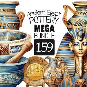 May include: A collection of 159 blue and gold Ancient Egyptian pottery pieces, including a large jug, a mortar and pestle, a plate, a small jug, and a bust of an Egyptian pharaoh.