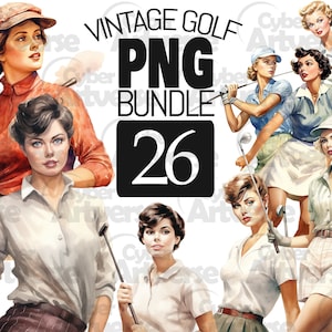 ZESTAW PNG Vintage Women Golf Players Watercolor Clipart Set - Vintage Golfer Ladies do scrapbookingu, dziennikarstwa i papierowych prac ręcznych