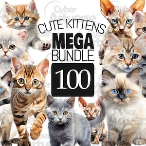 Ensemble de cliparts mignons chatons à l'aquarelle, BIG BUNDLE petits chats pour le scrapbooking, le journal indésirable et les travaux manuels sur papier. PNG avec arrière-plan transparent