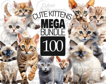 May include: A collection of 100 cute kitten illustrations in various poses and breeds, including Siamese, tabby, and Sphynx. The illustrations are in a cartoon style and feature bright colors.