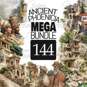 May include: Digital art featuring ancient Phoenician architecture, portraits, and landscapes. The text "ANCIENT PHOENICIA MEGA BUNDLE 144" is prominently displayed. The artwork showcases detailed illustrations of historical figures and cityscapes.